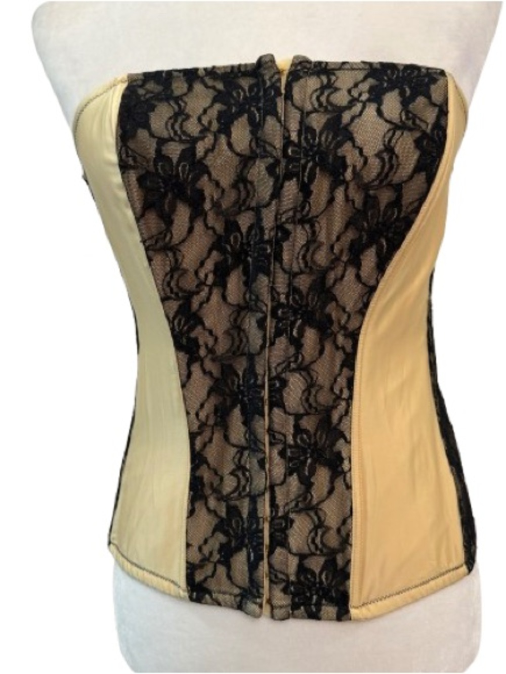 Cacique Black Lace & Champagne Satin Strapless Corset Bustier Lace-Up Back 14/16